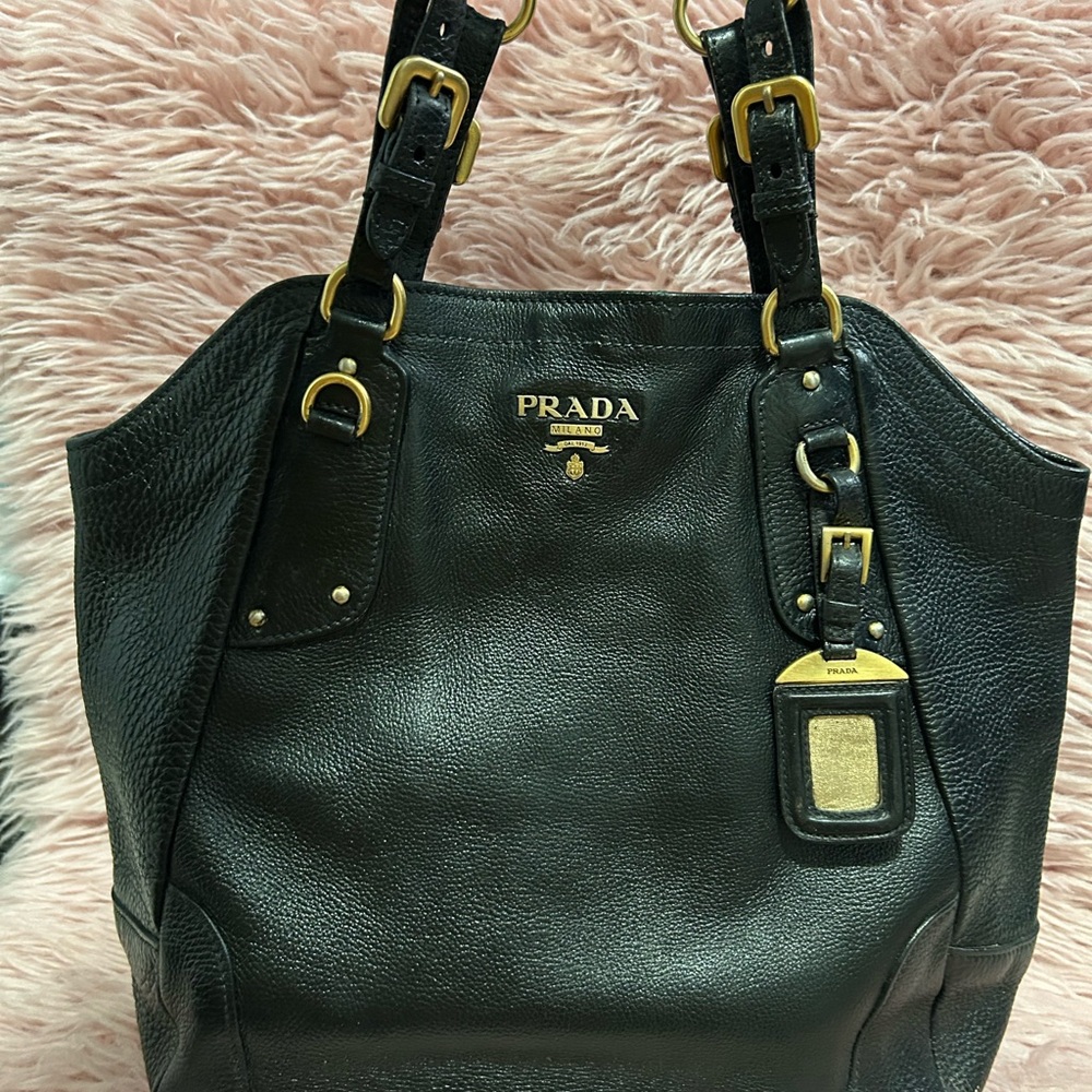 Prada Black Leather Tote with Gold Accents - Picture 2 of 16